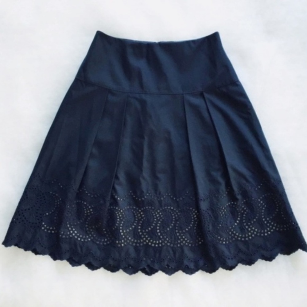 Ann Taylor Navy Blue Eyelet Box Pleat Circle Skirt